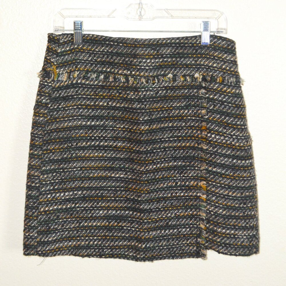 Ann Taylor LOFT Black Fringe Tweed Faux Wrap Front Skirt - 8P